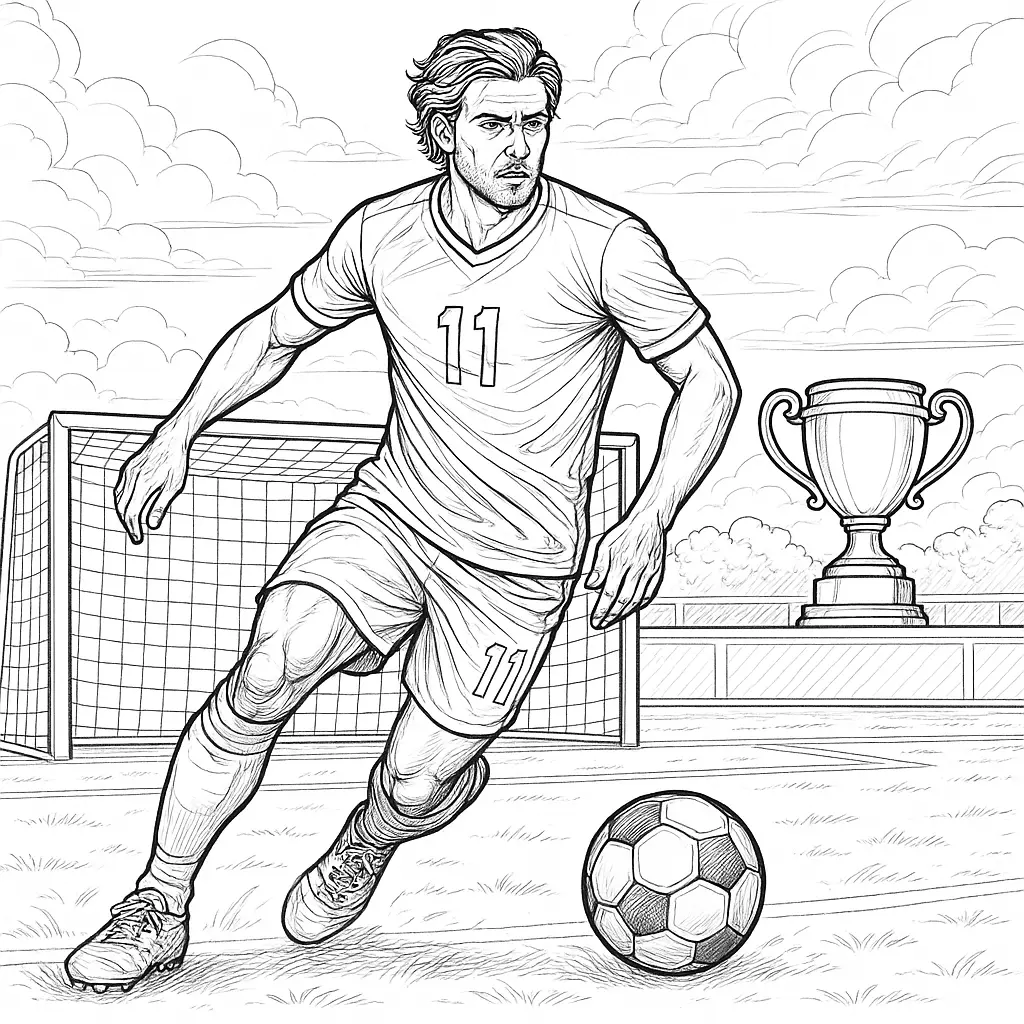 36 Ausmalbilder Fussball (Gratis Fußball Malvorlage drucken) Ausmalbild Fußballspieler – realistischer Profispieler mit Trikot Nummer 11 vor dem Tor, Ball am Fuß, Pokal im Hintergrund.
