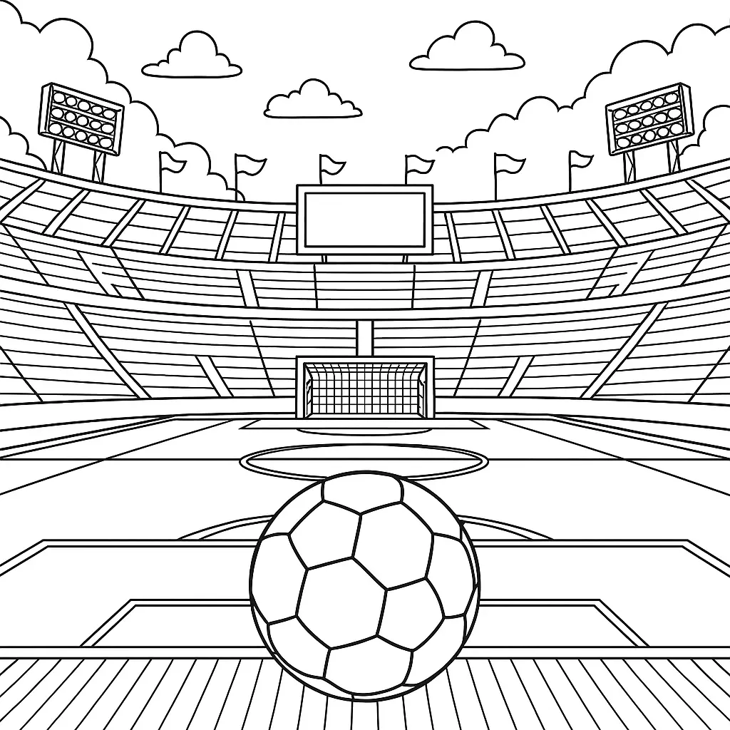 36 Ausmalbilder Fussball (Gratis Fußball Malvorlage drucken) Ausmalbild Komplettes Fußballstadion mit Tribünen, Tor, Ball im Vordergrund und Flutlichtanlagen im Hintergrund.