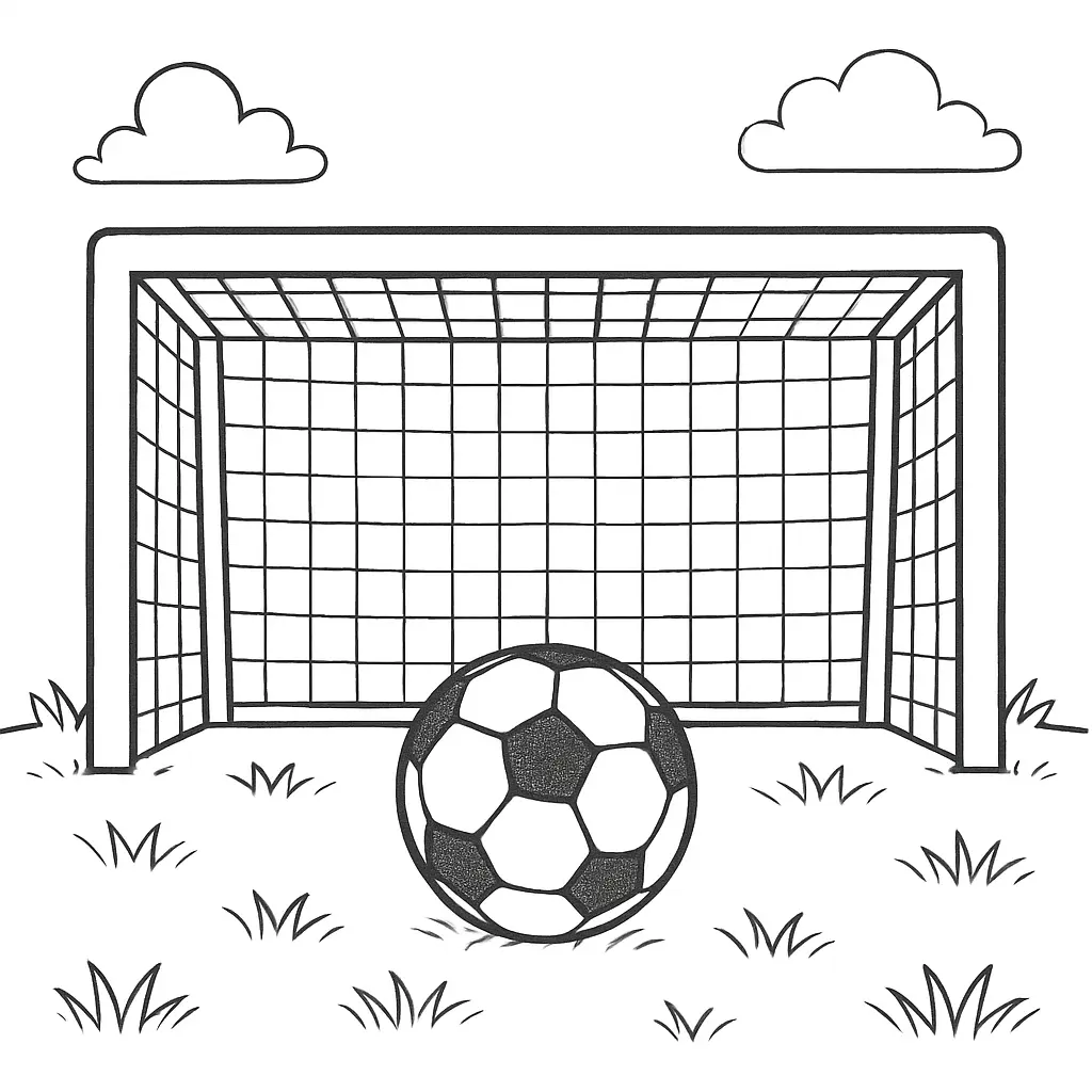 36 Ausmalbilder Fussball (Gratis Fußball Malvorlage drucken) Ausmalbild – Fußballtor mit Ball auf dem Spielfeld und klar gezeichnetem Netz im Hintergrund.