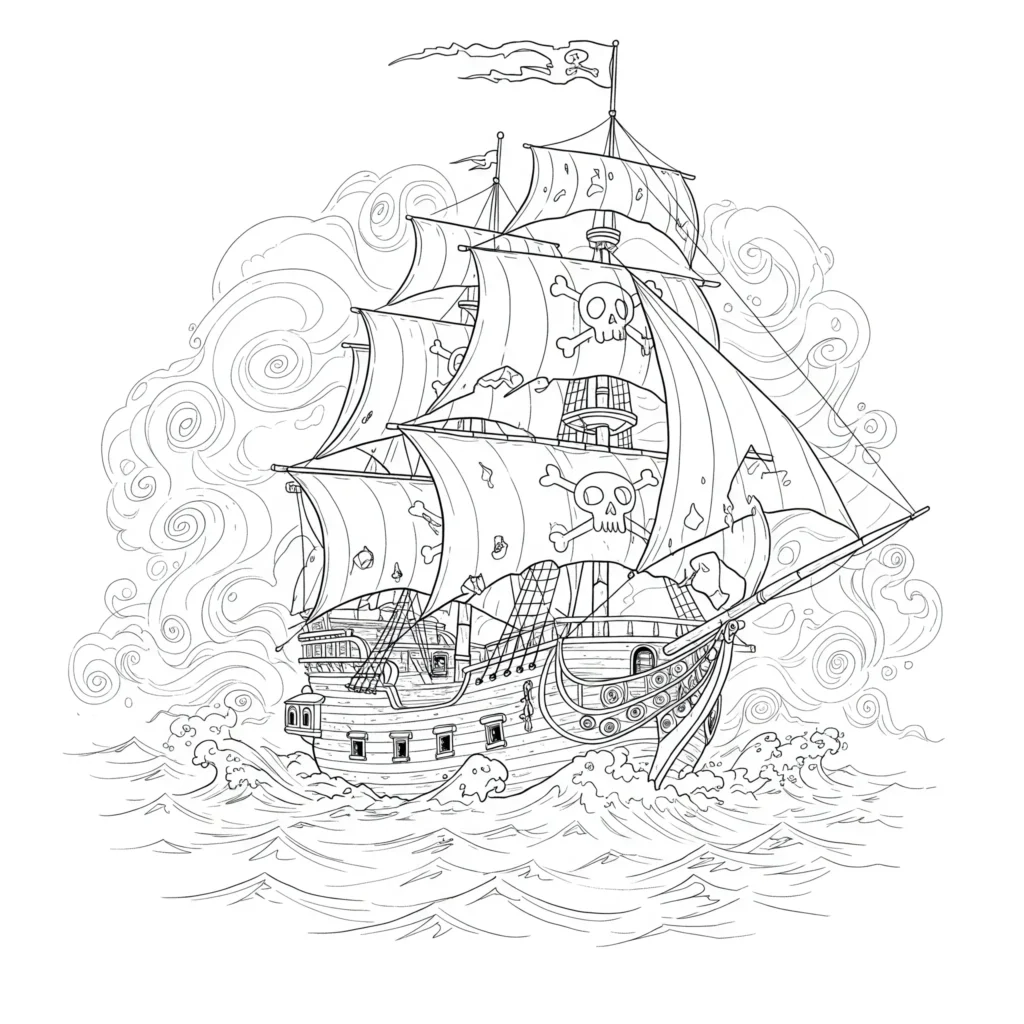 16 Piratenschiff Ausmalbilder (Gratis Malvorlage Ausdrucken) Geist Piratenschiff Ausmalbild mit zerrissenen Segeln, gespenstischem Leuchten und Nebel auf dem Meer – kostenlose Piratenschiff Ausmalbilder für Kinder als PDF