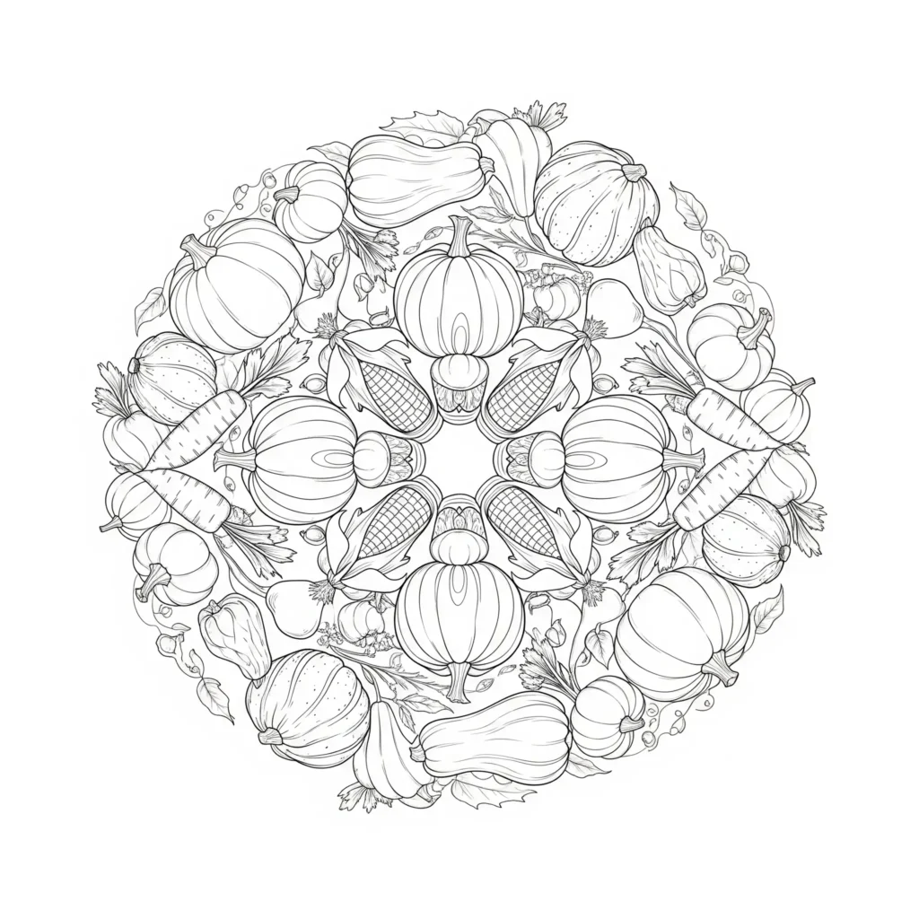 Ein detailliertes Mandala aus verschiedenen Herbstgemüsesorten wie Kürbissen, Karotten und Kohl. Kinder und Erwachsene können die Gemüse-Muster farbenfroh gestalten.
