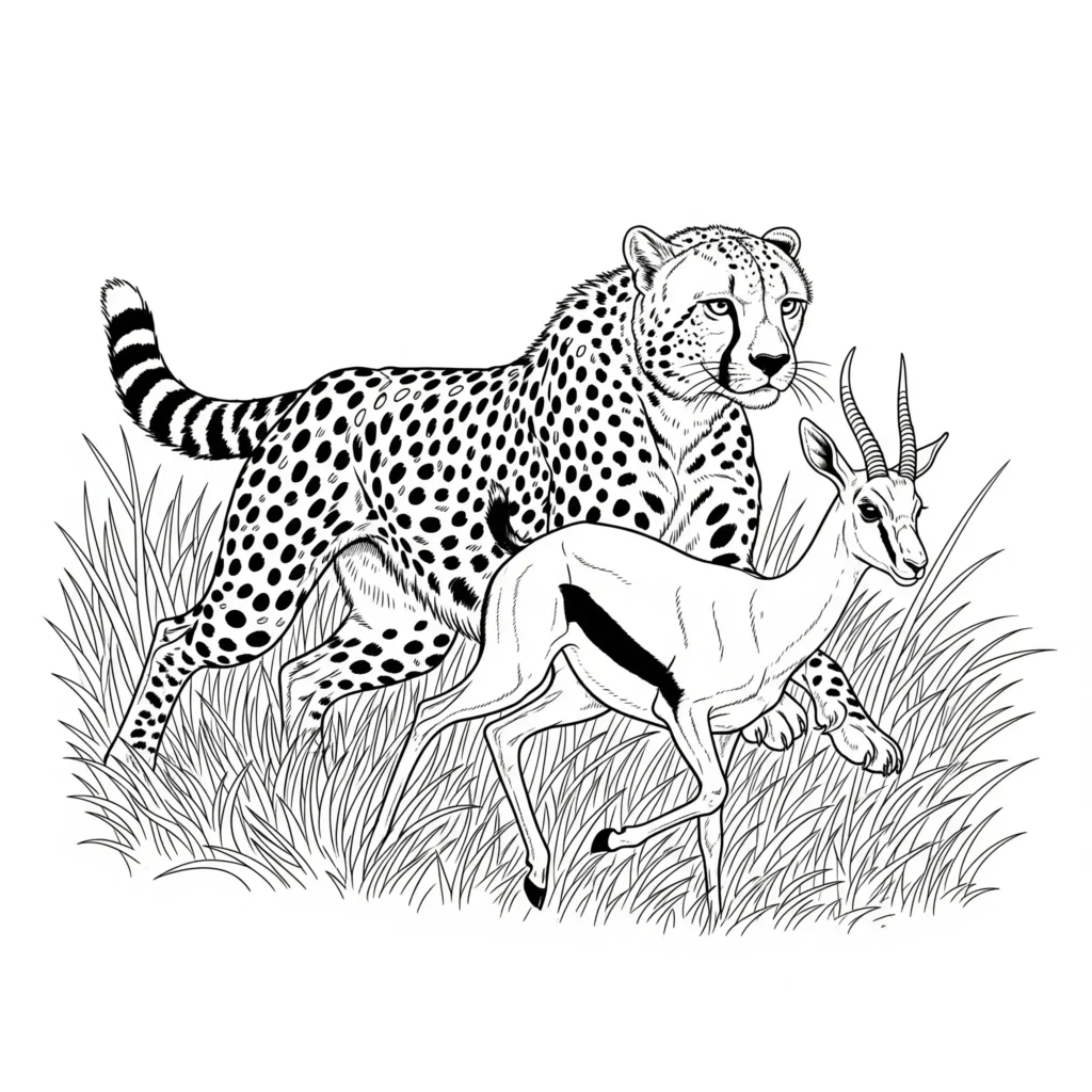 12 Gepard Ausmalbilder (Kostenlos Malvorlage zum Ausdrucken) Ausmalbild eines Gepards, der seiner Beute nachjagt, ideal zum Ausdrucken für Kinder und Erwachsene