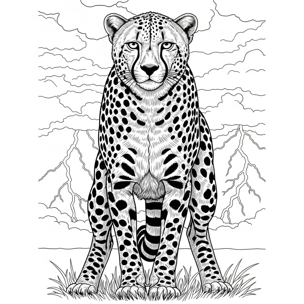 12 Gepard Ausmalbilder (Kostenlos Malvorlage zum Ausdrucken) Ausmalbild eines Gepards vor einem Blitz im Hintergrund, ideal für Kinder und Erwachsene