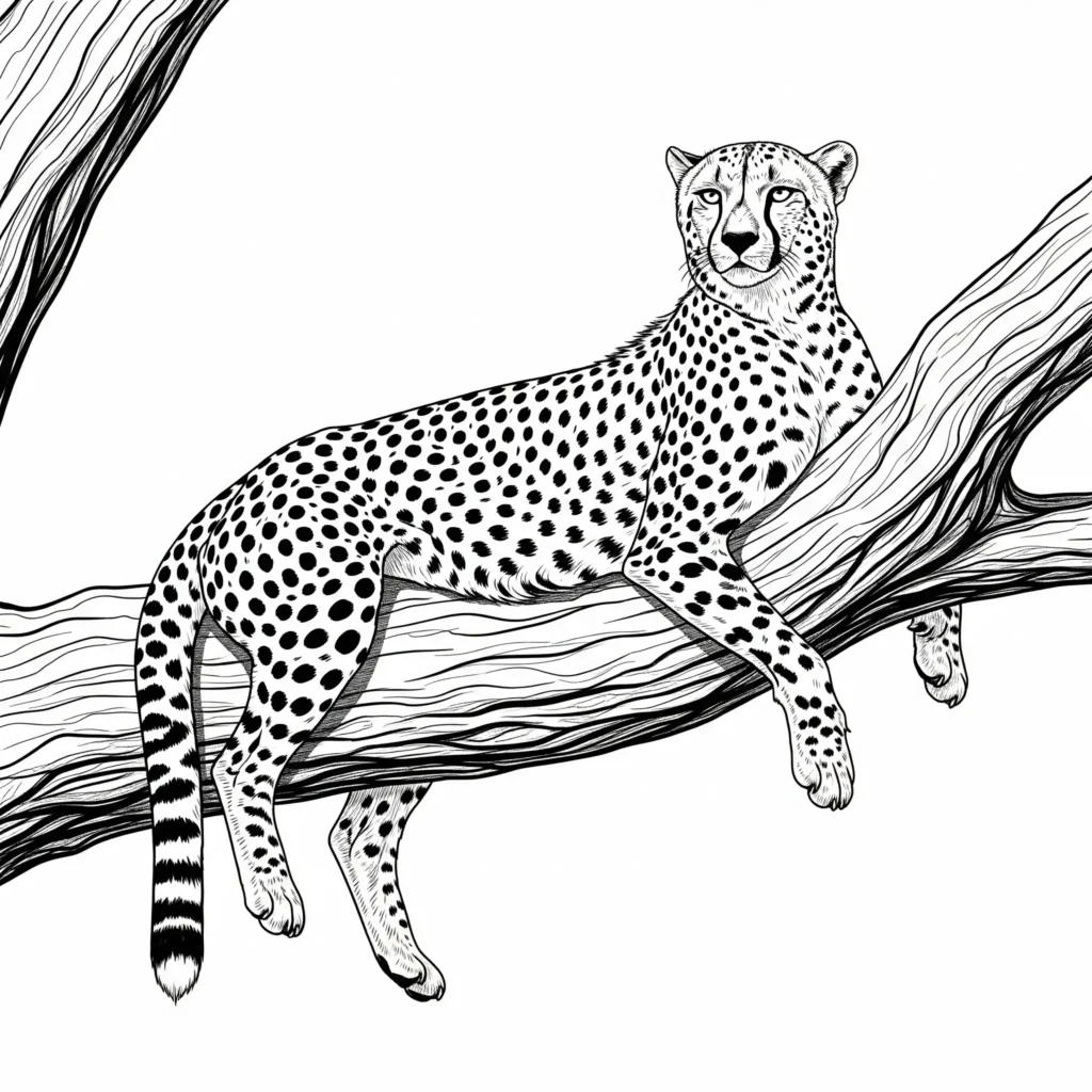 12 Gepard Ausmalbilder (Kostenlos Malvorlage zum Ausdrucken) Ausmalbild eines schlafenden Gepards im Baum für Kinder und Erwachsene zum Ausdrucken