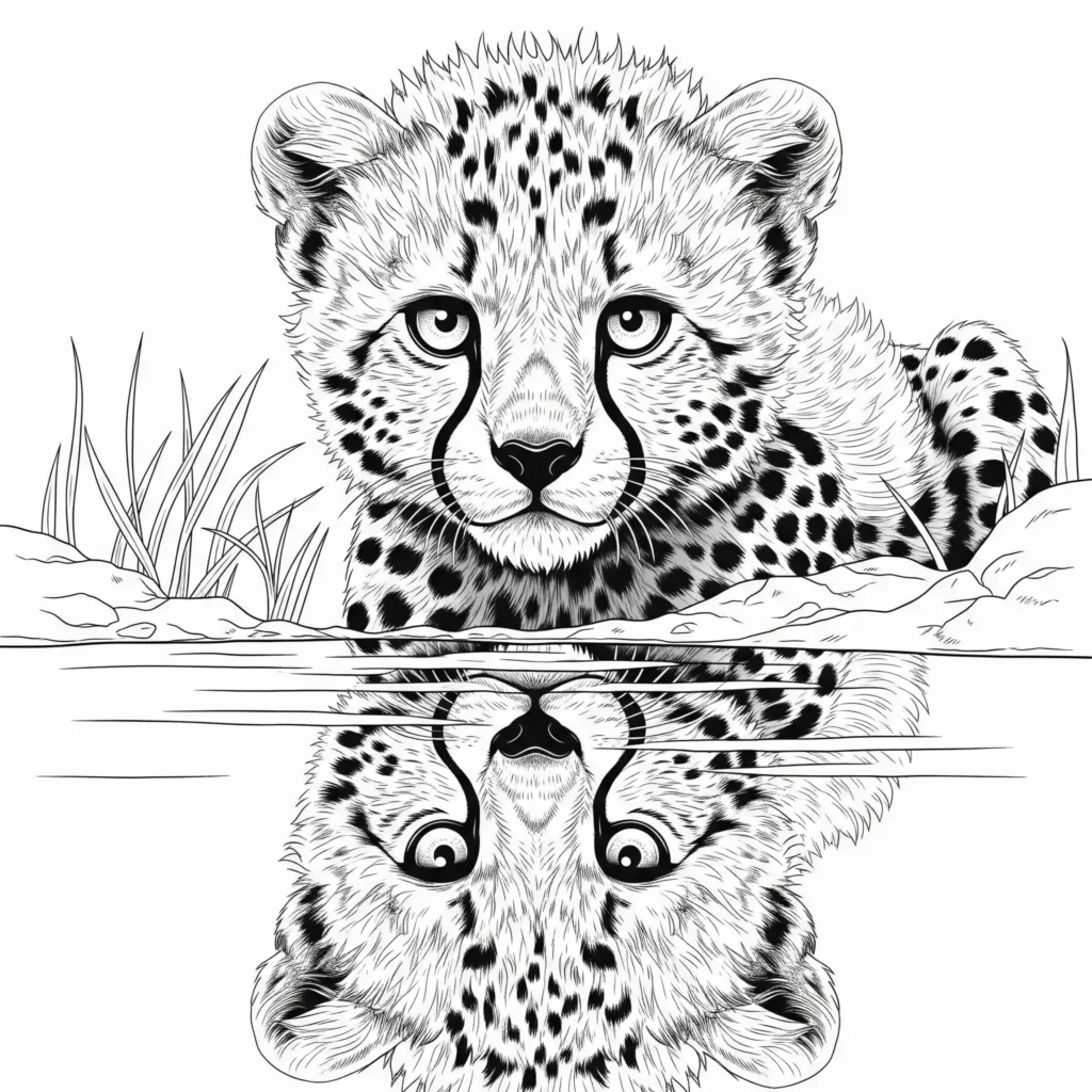 12 Gepard Ausmalbilder (Kostenlos Malvorlage zum Ausdrucken) Ausmalbild eines Gepard Babys mit Wasser Spiegelung für Kinder und Erwachsene