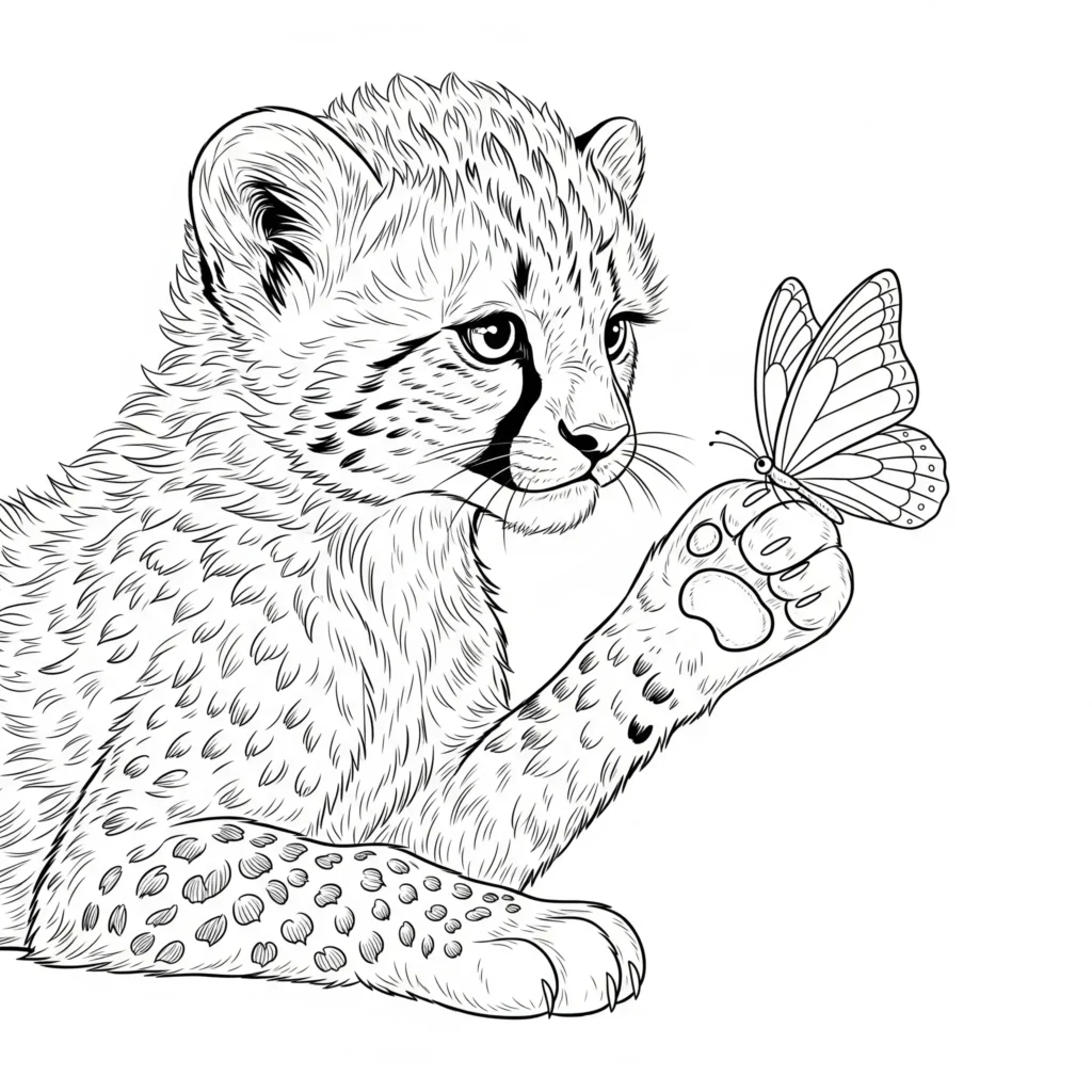 12 Gepard Ausmalbilder (Kostenlos Malvorlage zum Ausdrucken) Niedliches Ausmalbild von einem Gepard Baby, das mit einem Schmetterling spielt, ideal für Kinder und Erwachsene