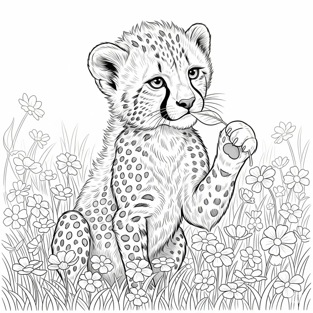 12 Gepard Ausmalbilder (Kostenlos Malvorlage zum Ausdrucken) Ausmalbild von einem Gepard Baby, das mit einem Blatt spielt, ideal zum Ausdrucken für Kinder