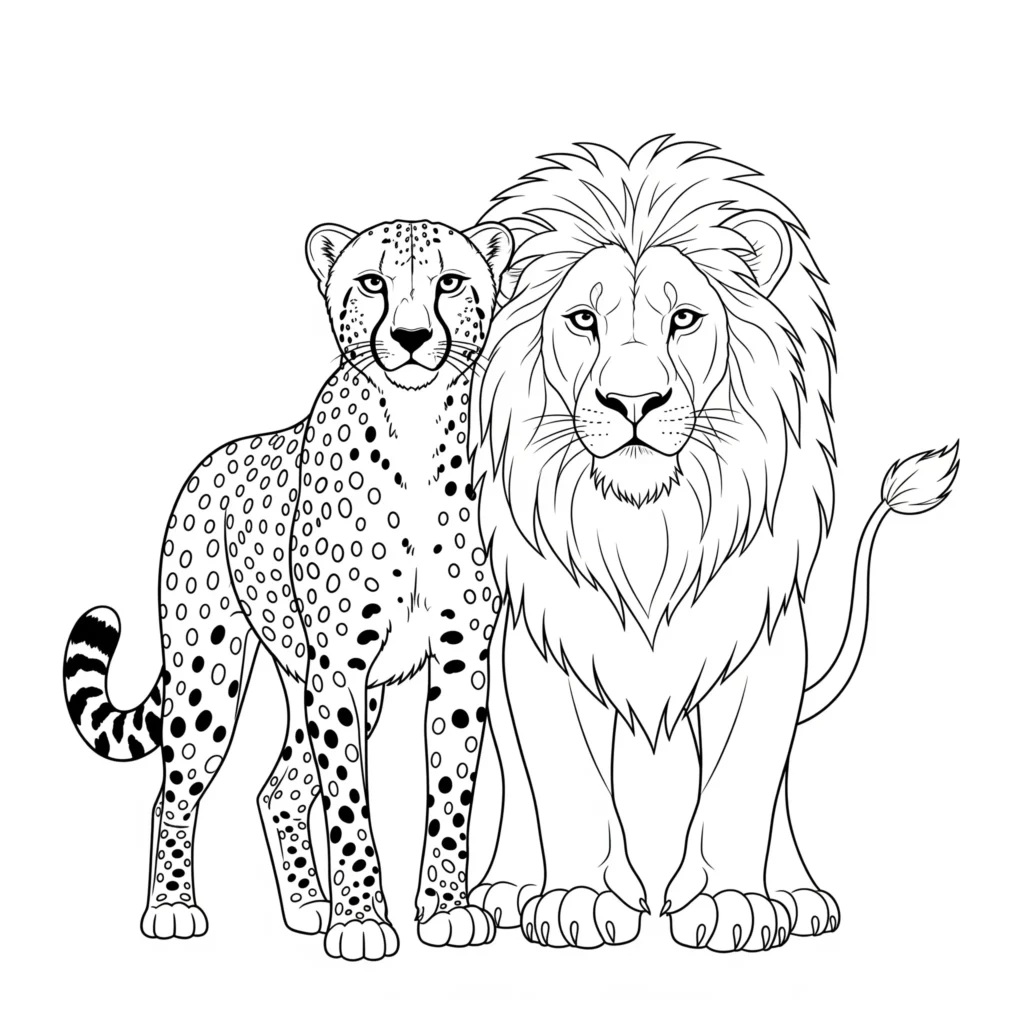 12 Gepard Ausmalbilder (Kostenlos Malvorlage zum Ausdrucken) Ausmalbild von einem Gepard zusammen mit einem Löwen, ideal für Kinder und Erwachsene