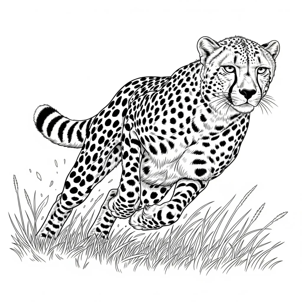 12 Gepard Ausmalbilder (Kostenlos Malvorlage zum Ausdrucken) Malvorlage eines sprintenden Gepards als Ausmalbild für Kinder und Erwachsene