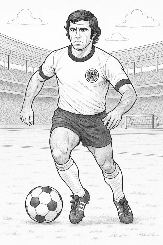 36 Ausmalbilder Fussball (Gratis Fußball Malvorlage drucken) Ausmalbild Gerd Müller im Trikot der deutschen Nationalmannschaft beim Fußballspiel im Stadion, mit Ball am Fuß.