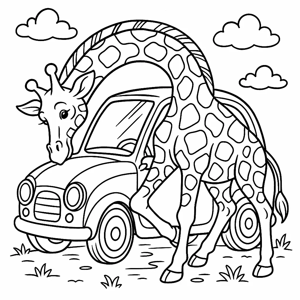 20 Giraffe Ausmalbilder (Kostenlose Malvorlage zum Ausdrucken) Lustiges Giraffe Ausmalbild – Giraffe versucht, in ein kleines Auto zu passen