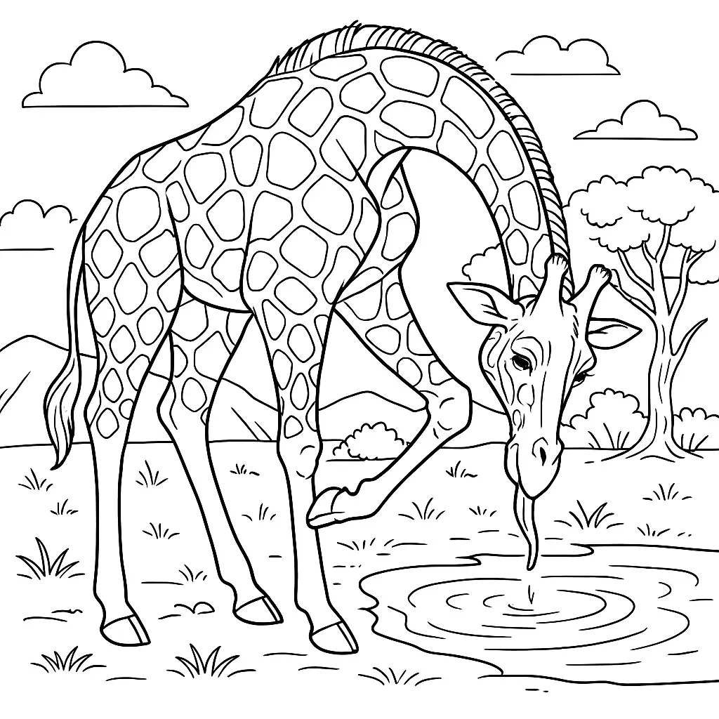 20 Giraffe Ausmalbilder (Kostenlose Malvorlage zum Ausdrucken) Ausmalbild einer Giraffe, die sich mit dem Kopf am Bein kratzt – jetzt kostenlos drucken