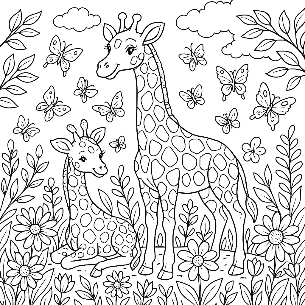 20 Giraffe Ausmalbilder (Kostenlose Malvorlage zum Ausdrucken) Giraffe im Frühling – Ausmalbild mit Blumen, Blättern und Schmetterlingen zum Ausdrucken