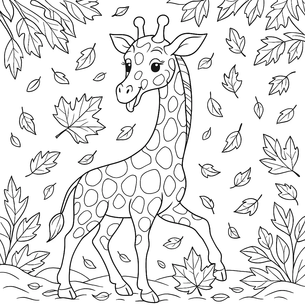 20 Giraffe Ausmalbilder (Kostenlose Malvorlage zum Ausdrucken) Herbstliches Ausmalbild – Giraffe spielt mit fallenden Blättern im Herbst