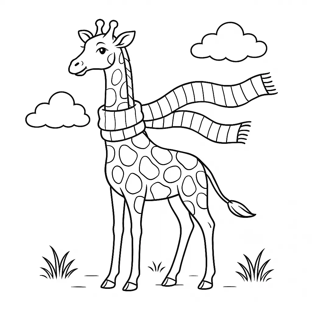20 Giraffe Ausmalbilder (Kostenlose Malvorlage zum Ausdrucken) Giraffe Malvorlage – Giraffe mit langem Schal im Wind zum Ausmalen