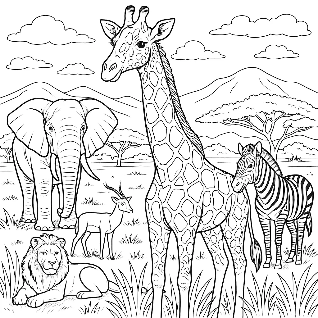 20 Giraffe Ausmalbilder (Kostenlose Malvorlage zum Ausdrucken) Ausmalbild mit Giraffe, Elefant, Zebra, Löwe und Antilope in der afrikanischen Savanne
