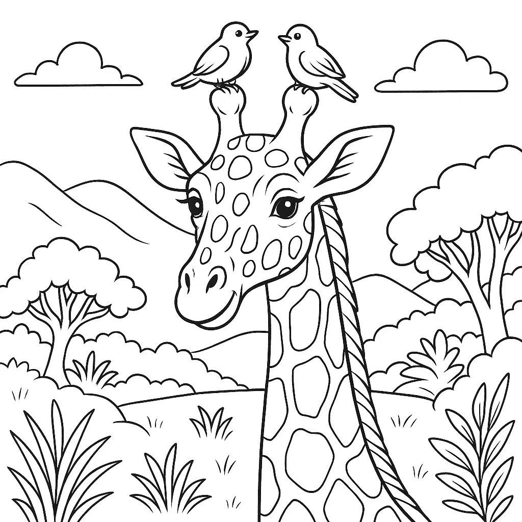 20 Giraffe Ausmalbilder (Kostenlose Malvorlage zum Ausdrucken) Lustiges Giraffe Ausmalbild – zwei kleine Vögel sitzen auf dem Kopf der Giraffe in einer Savannenlandschaft
