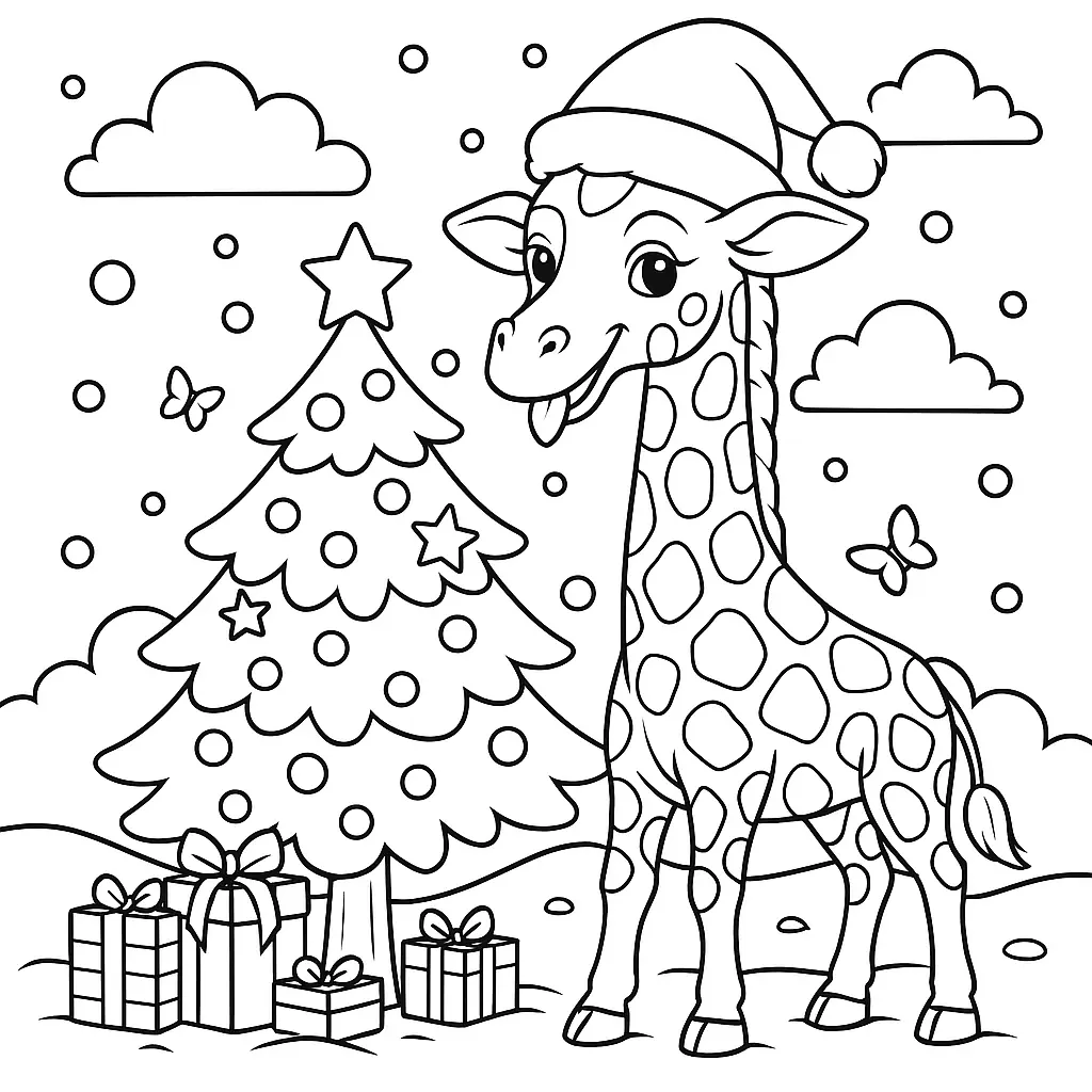 20 Giraffe Ausmalbilder (Kostenlose Malvorlage zum Ausdrucken) Weihnachtliches Giraffe Ausmalbild – Giraffe mit Weihnachtsmütze neben dekoriertem Tannenbaum