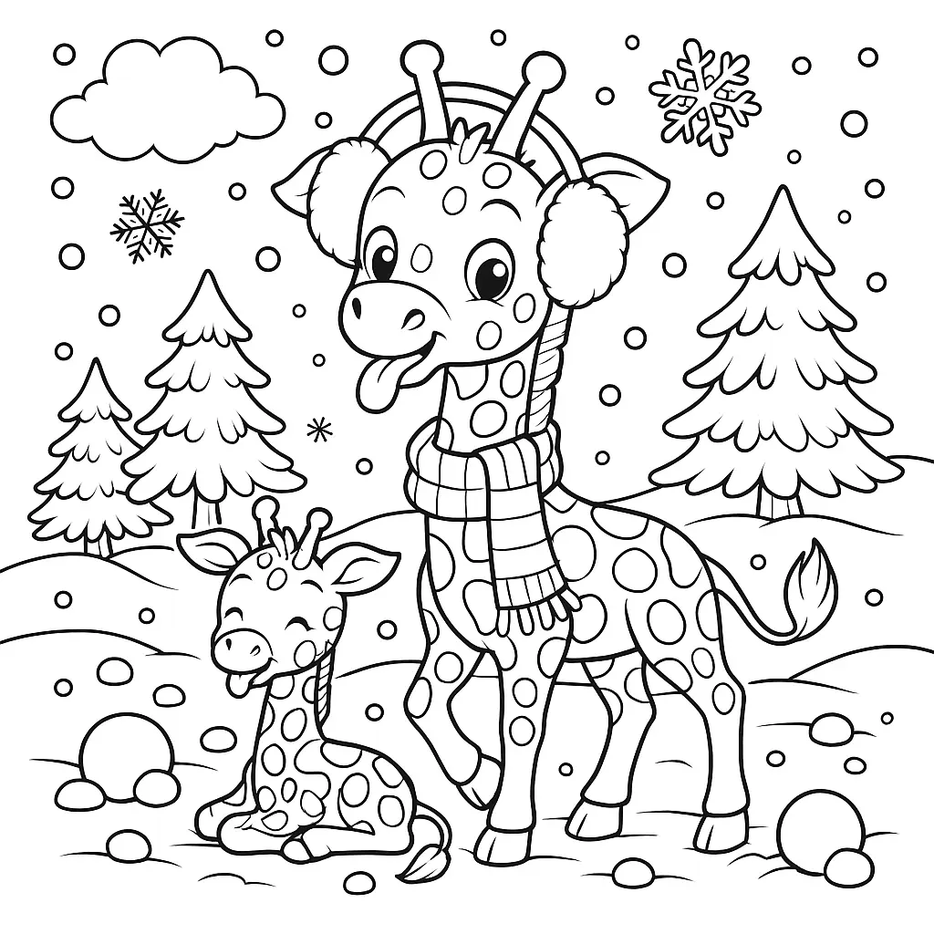 20 Giraffe Ausmalbilder (Kostenlose Malvorlage zum Ausdrucken) Winter Ausmalbild mit Giraffe – mit Schal und Ohrenschützern spielend im Schnee