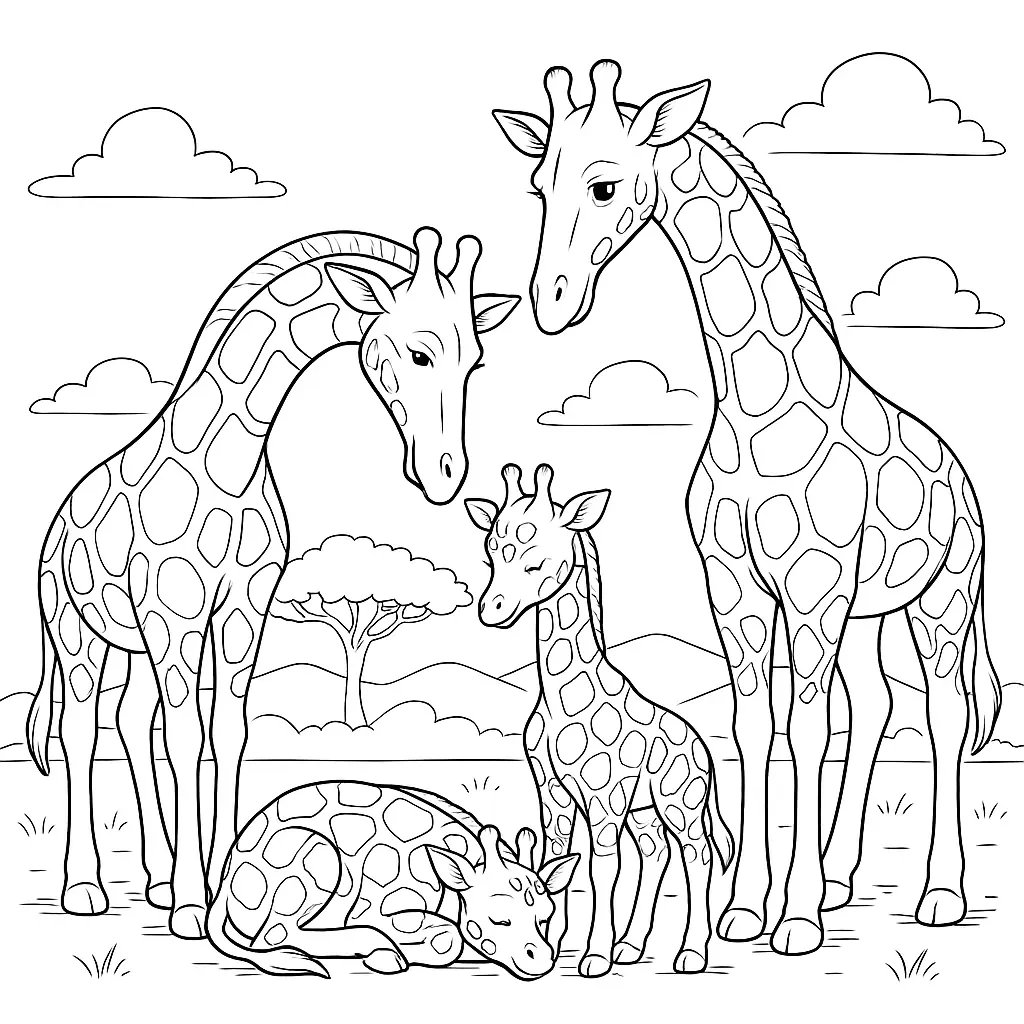 20 Giraffe Ausmalbilder (Kostenlose Malvorlage zum Ausdrucken) Giraffe Ausmalbild – Mama und Papa Giraffe wachen über ihr schlafendes Baby in der Savanne