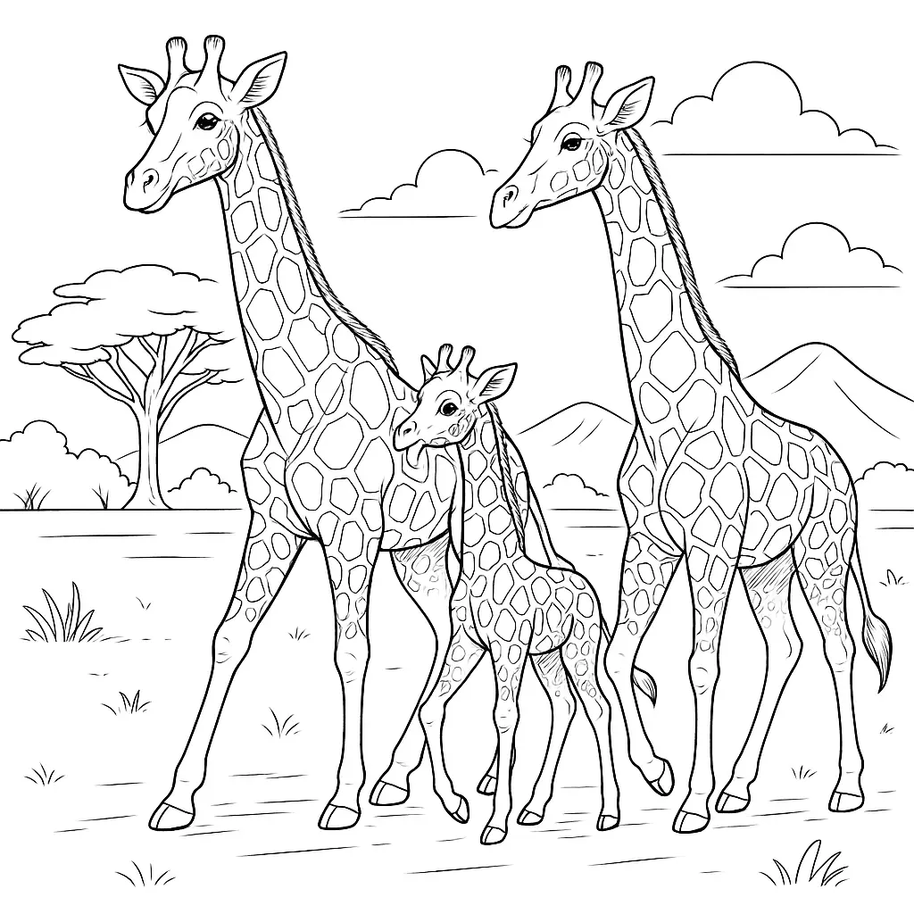 20 Giraffe Ausmalbilder (Kostenlose Malvorlage zum Ausdrucken) Mama, Papa und Baby Giraffe laufen zusammen – wunderschöne Ausmalvorlage als PDF zum Ausdrucken