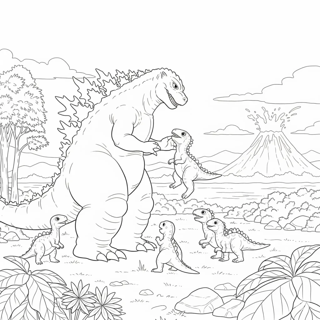 Godzilla Ausmalbilder (Kostenlos Malvorlage zum Ausdrucken) godzilla ausmalbilder für kinder mit einem süßen baby dinosaurier als pdf malvorlage zum ausdrucken und gemeinsam ausmalen