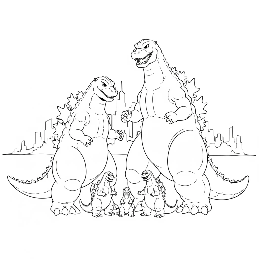 Godzilla Ausmalbilder (Kostenlos Malvorlage zum Ausdrucken) godzilla ausmalbilder pdf mit familie inklusive baby godzilla als freundliche vorlage zum ausmalen für kinder geeignet
