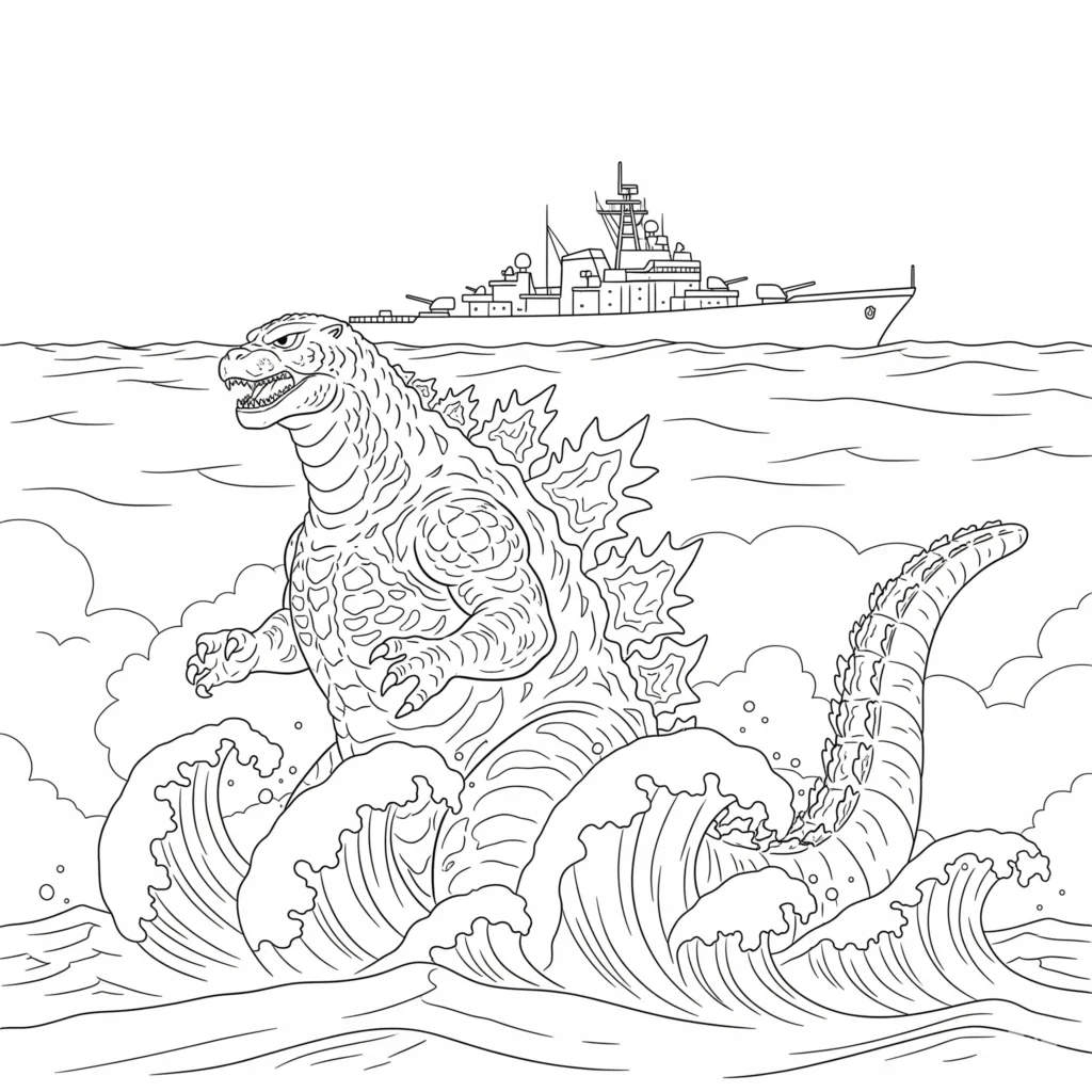 Godzilla Ausmalbilder (Kostenlos Malvorlage zum Ausdrucken) godzilla ausmalbild zum ausdrucken zeigt das monster halb im meer schwimmend ideal für kinder als kostenlose pdf malvorlage