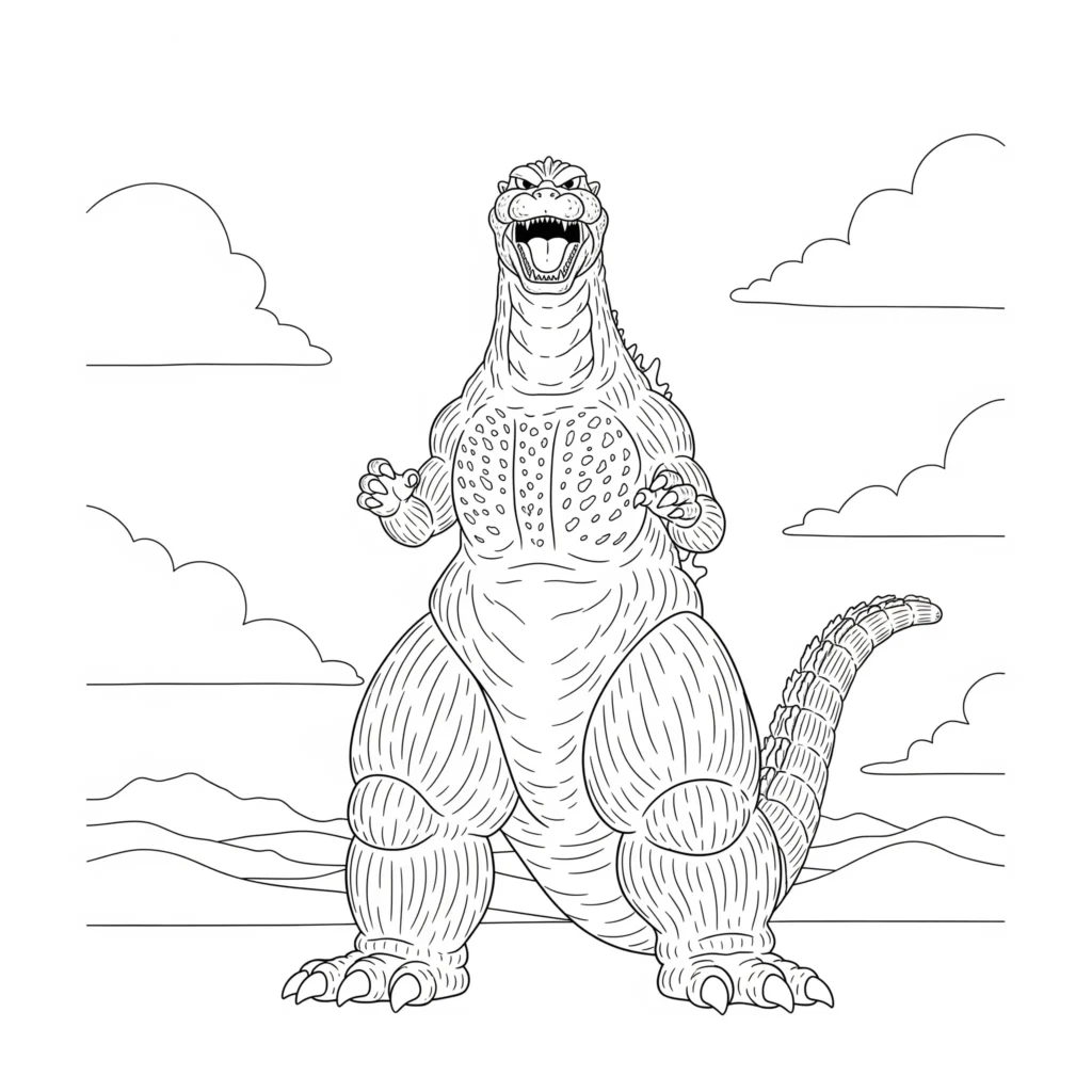 Godzilla Ausmalbilder (Kostenlos Malvorlage zum Ausdrucken) godzilla malvorlage kinder mit brüllender pose klassischer stil als druckvorlage zum ausmalen geeignet