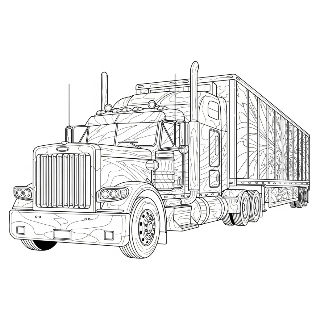 10+ LKW Ausmalbilder (Kostenlos Malvorlage zum Ausdrucken) Ausmalbild eines Big Rig Trucks mit verziertem Anhänger, ideal für Kinder, die LKW Malvorlagen mit langen Fahrzeugen mögen