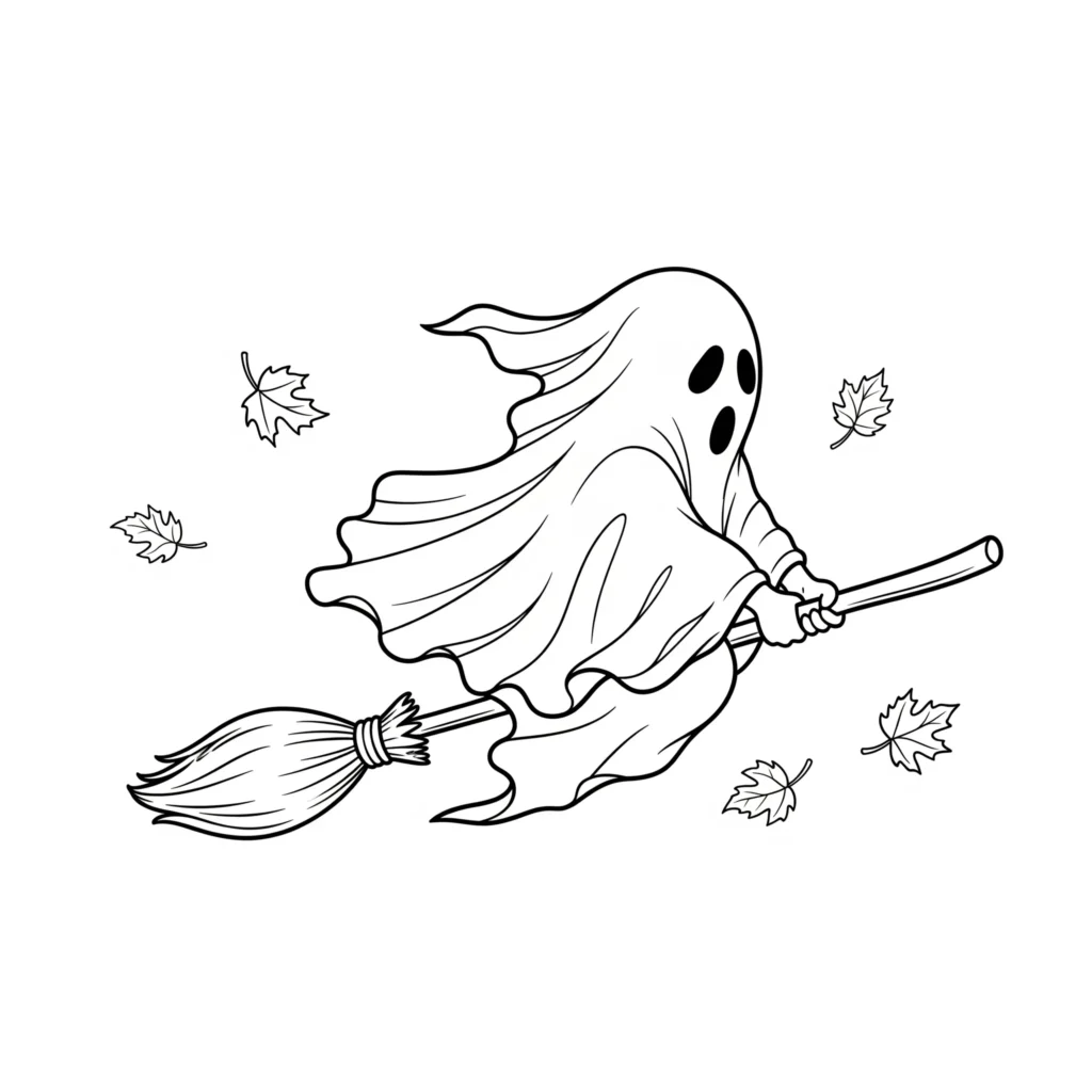 Ein fröhlicher Halloween-Geist fliegt auf einem Besen durch herbstliche Luft mit fallenden Blättern. Kinder können den Geist, den Besen und die Herbstfarben bunt gestalten.