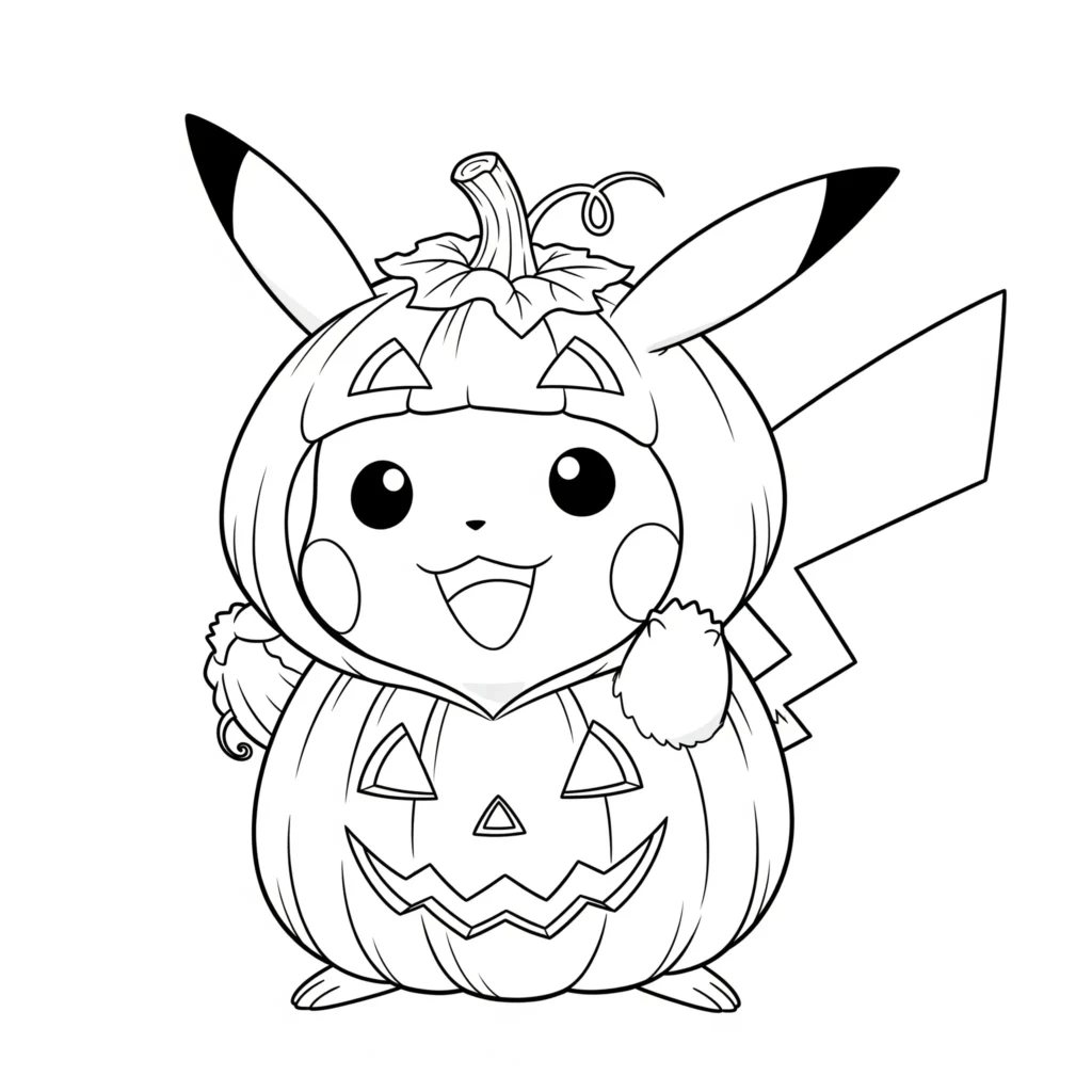 30 Pikachu Ausmalbilder (Gratis Pokémon Malvorlage zum drucken) Lustige Malvorlage mit Pikachu im Kürbiskostüm zu Halloween – ideal für kreative Kinder, die gruselige und süße Pokémon lieben.