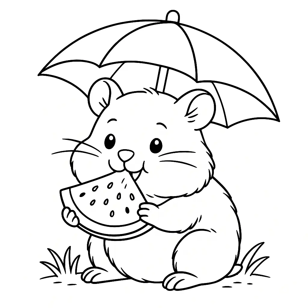 Hamster ausmalbilder – Hamster isst Wassermelone unter einem Sonnenschirm