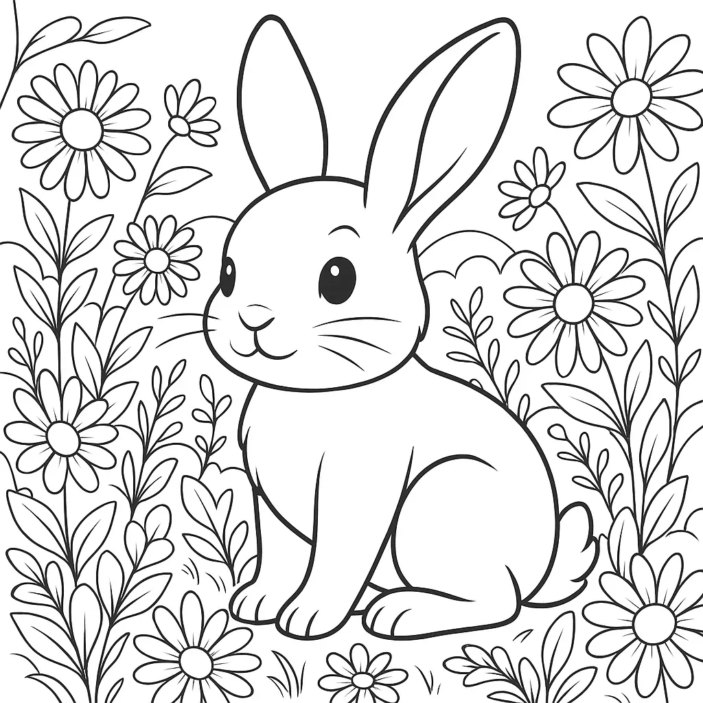 26 Hase Ausmalbilder (Kostenlose Hasen Malvorlage zum drucken) Ausmalbild eines sitzenden Hasen in einem Blumenfeld