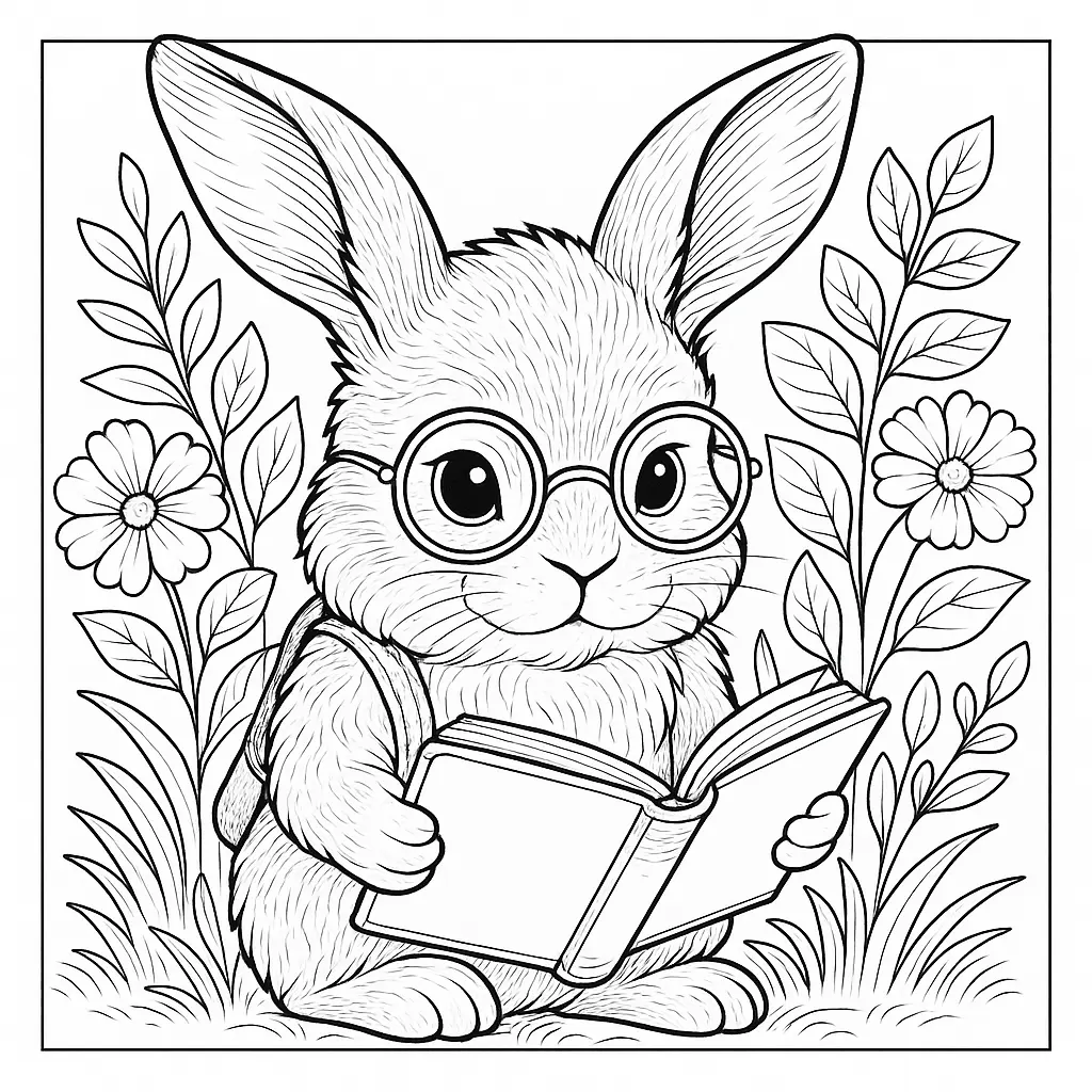 Ausmalbild eines Hasen mit Brille beim Lesen eines Buches