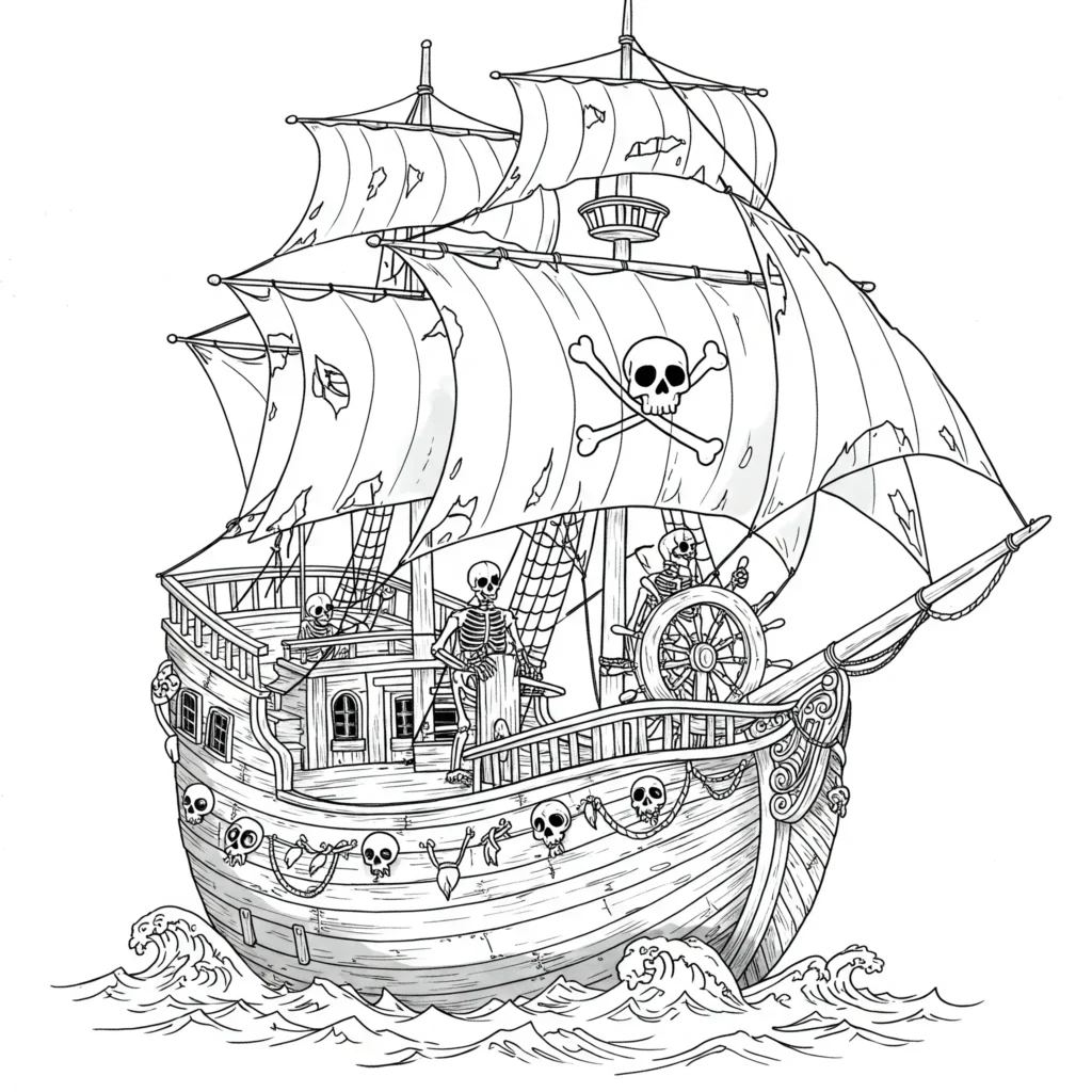 16 Piratenschiff Ausmalbilder (Gratis Malvorlage Ausdrucken) Verfluchtes Piratenschiff Ausmalbild mit gruseligem Skelettkapitän und gespenstischer Atmosphäre – kostenlose Piratenschiff Ausmalbilder für Kinder als PDF