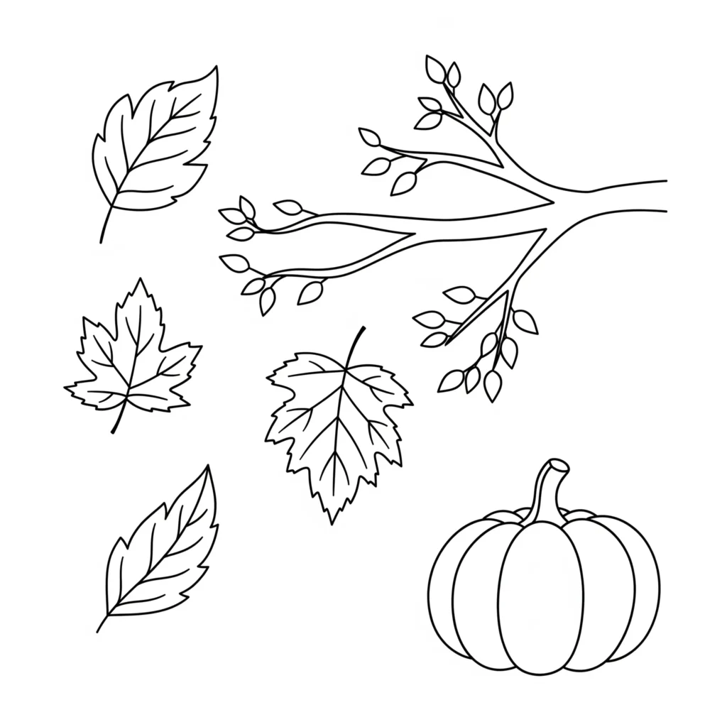 Verschiedene Herbst Ausmalbilder mit fallenden Blättern, Kürbissen, Eicheln und Bäumen in warmen Farben. Perfekt für Kinder und Erwachsene zum Ausmalen.