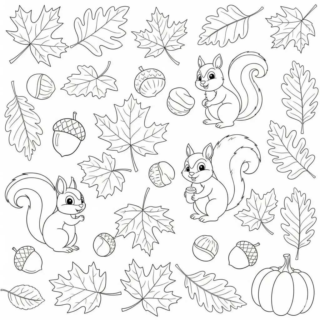 Eine Sammlung bunter Herbstmotive wie Blätter, Kürbisse, Eicheln und Pilze. Kinder können alle Elemente farbenfroh ausmalen und die Herbststimmung genießen.