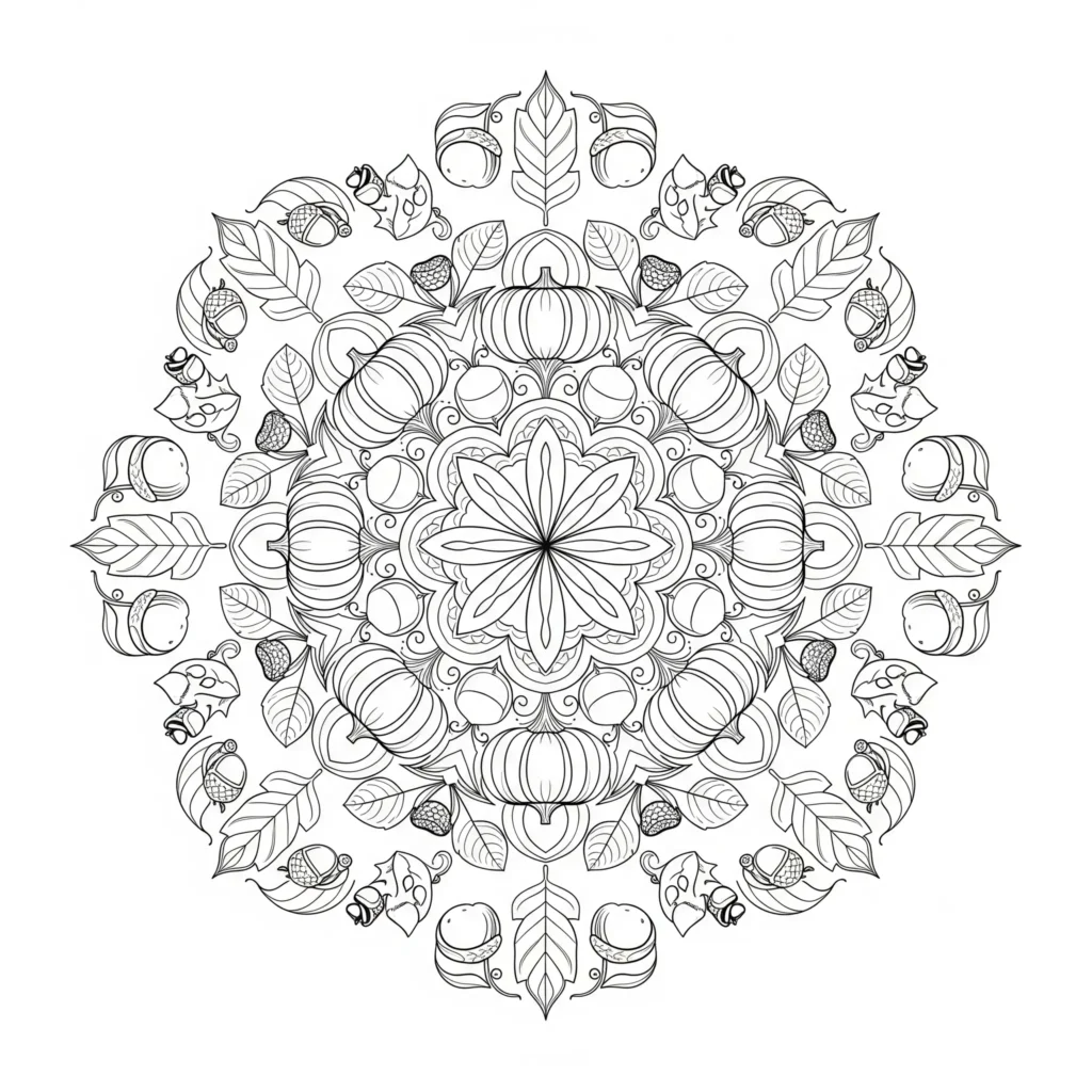 Ein detailliertes Mandala aus herbstlichen Elementen wie Blättern, Eicheln und Kürbissen. Kinder und Erwachsene können die Muster farbenfroh gestalten.