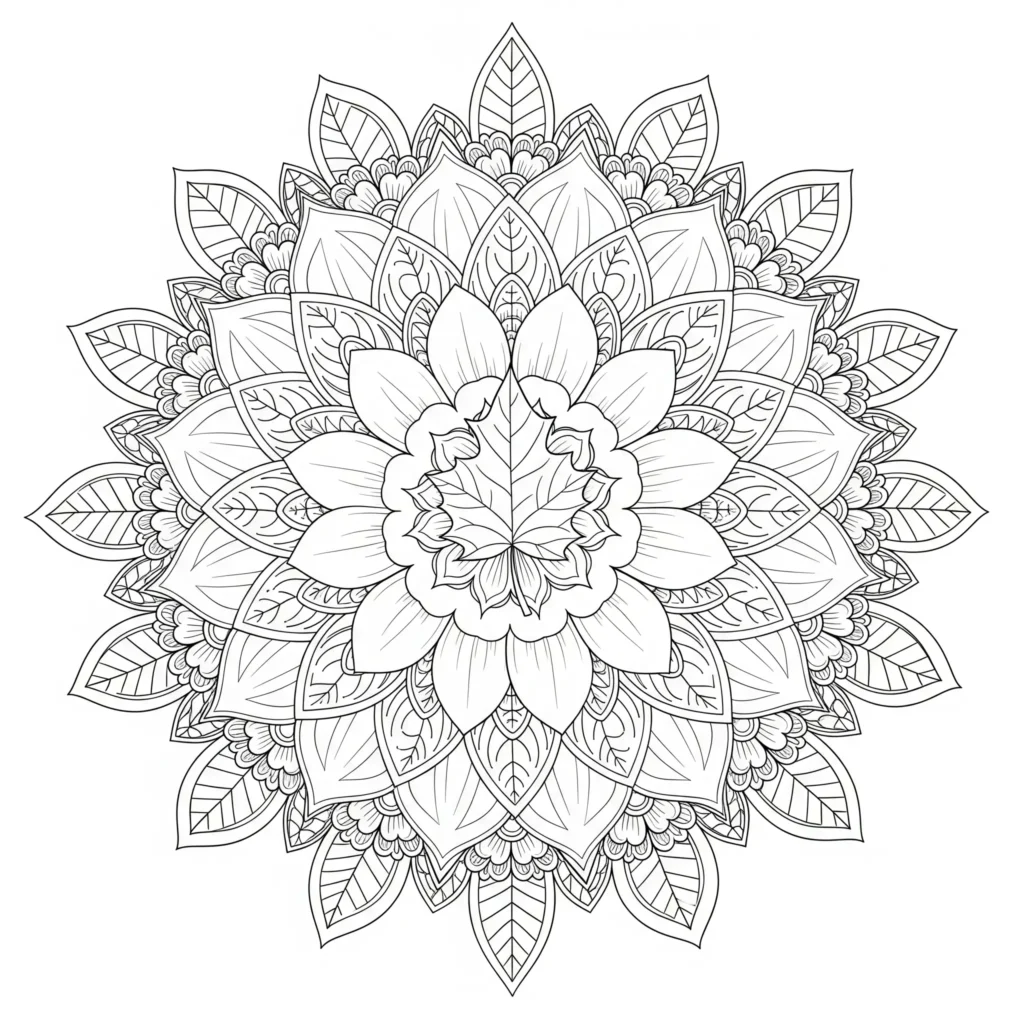 Ein detailliertes Mandala aus Blumen, dekoriert mit einem herbstlichen Blatt. Kinder und Erwachsene können die Blüten und Blätter in warmen Herbstfarben ausmalen