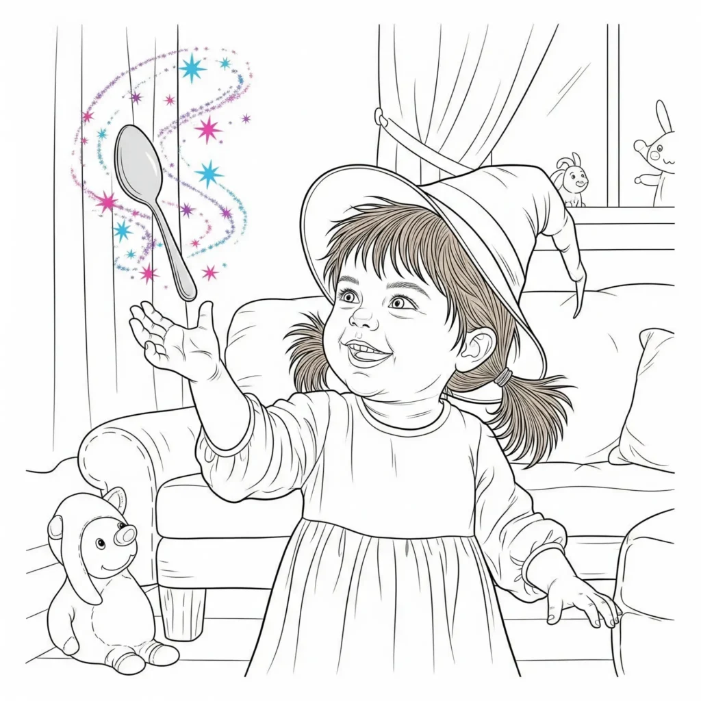 Hexen Ausmalbilder (Magische Malvorlage zum Ausdrucken) Hexe Ausmalbild mit einer kleinen Baby-Hexe, die ihre ersten Zaubersprüche übt – perfekt als Malvorlage für jüngere Kinder