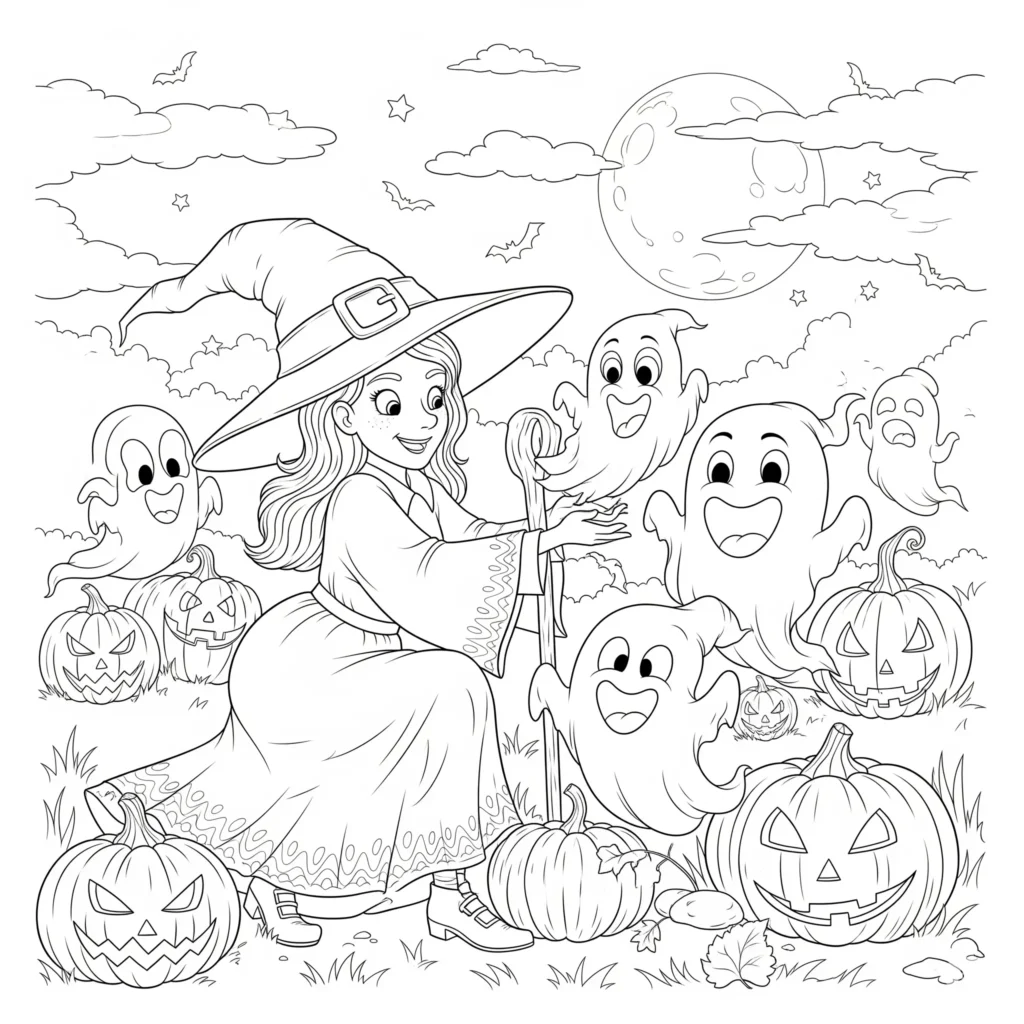 Hexen Ausmalbilder (Magische Malvorlage zum Ausdrucken) Hexen Ausmalbild zeigt eine fröhliche Hexe, umgeben von lustigen Geistern – ideal zum Ausmalen für Kinder zu Halloween
