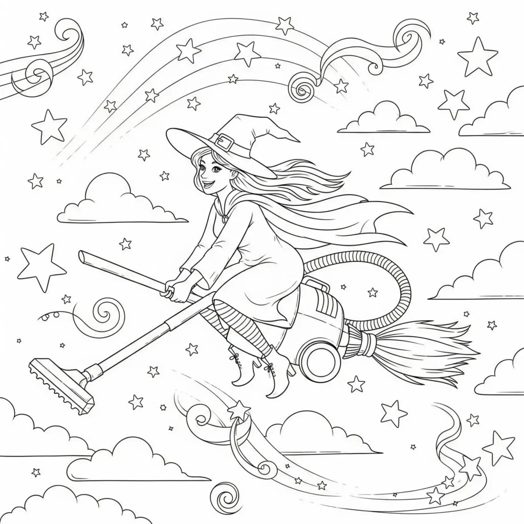 Hexen Ausmalbilder (Magische Malvorlage zum Ausdrucken) Hexen Ausmalbild mit einer lustigen Hexe, die auf einem Staubsauger fliegt, perfekt als witzige Malvorlage für Kinder