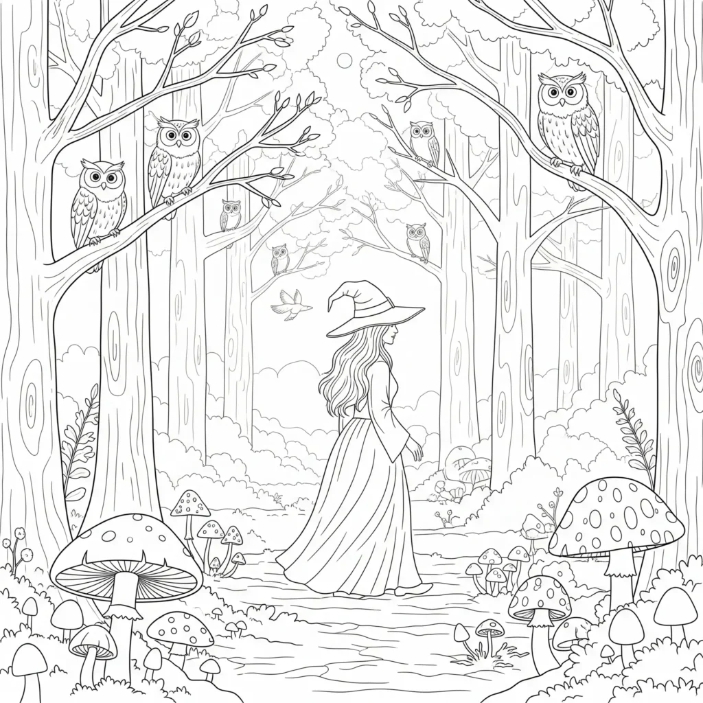 Hexen Ausmalbilder (Magische Malvorlage zum Ausdrucken) Hexen Ausmalbild mit einer Hexe, die durch einen geisterhaften Wald geht, perfekt zum Ausmalen für Kinder