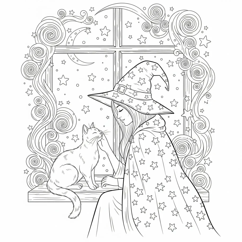 Hexen Ausmalbilder (Magische Malvorlage zum Ausdrucken) Hexen Ausmalbild zeigt eine freundliche Hexe mit ihrer schwarzen Katze, ideal für Kinder zum Ausmalen