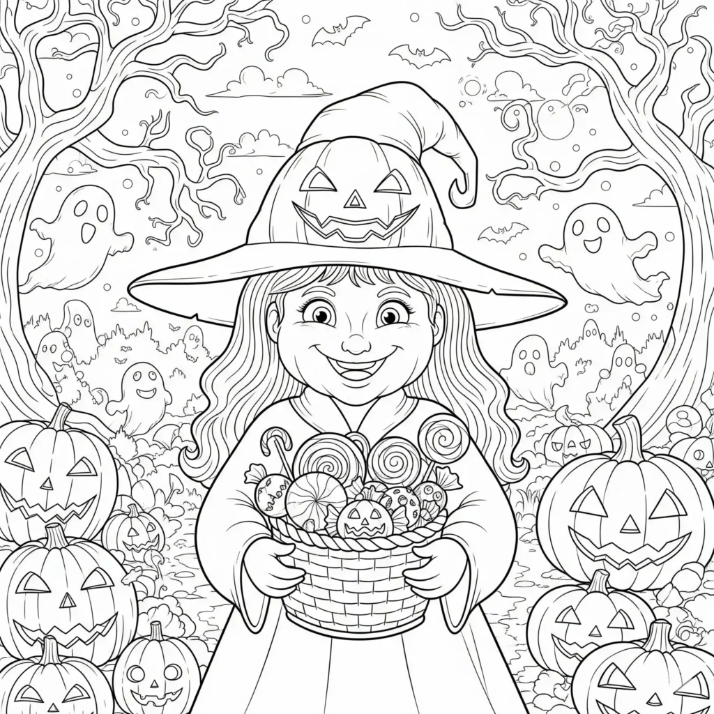 Hexen Ausmalbilder (Magische Malvorlage zum Ausdrucken) Hexen Ausmalbild zeigt eine Halloween-Hexe mit einem lustigen Kürbishut, ideal für Kinder zum Ausmalen in der Herbstzeit