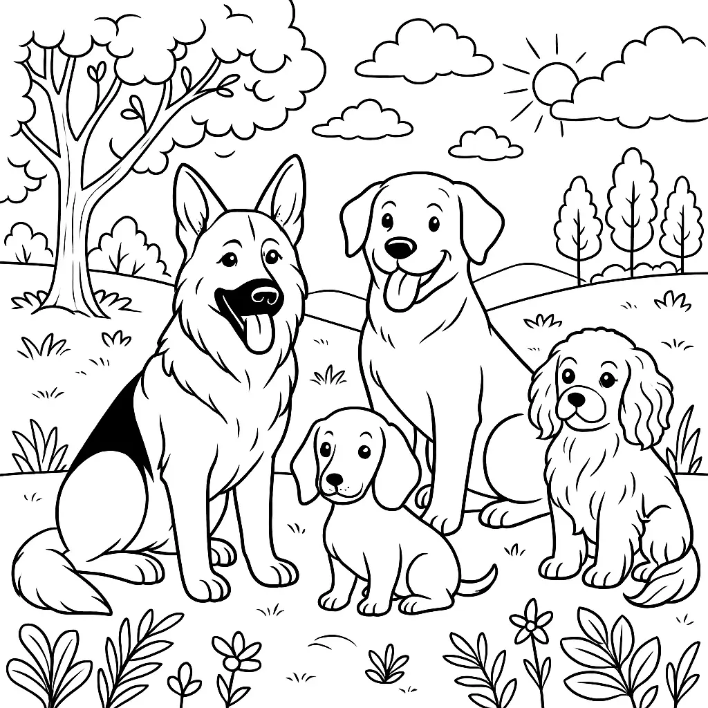 34 Ausmalbilder Hunde (Kostenlose Malvorlage PDF zum drucken) Ausmalbild mit vier verschiedenen Hunderassen in einer Landschaft mit Bäumen und Blumen