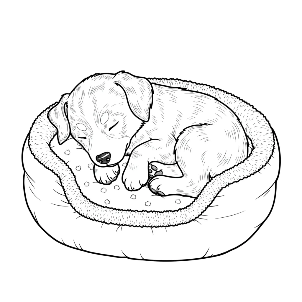 Ausmalbilder Welpen (Kostenlose Malvorlage PDF zum drucken) Schlafender hundewelpe in einem gemütlichen hundebett als ausmalbild für kinder