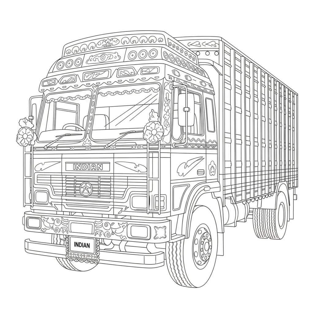 10+ LKW Ausmalbilder (Kostenlos Malvorlage zum Ausdrucken) Ausmalbild eines farbenfrohen indischen LKWs mit traditionellen Mustern und Verzierungen, passend als LKW Malvorlage für Kinder