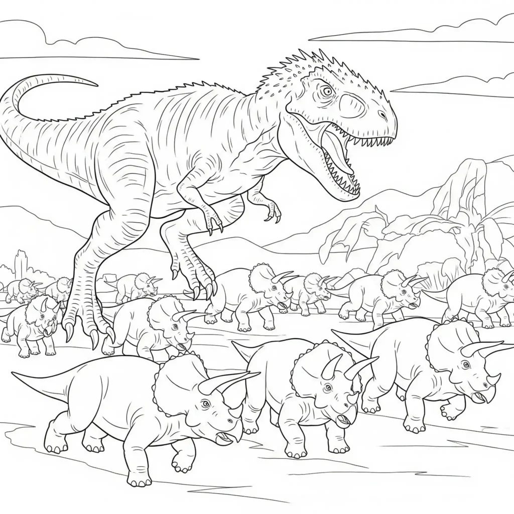 Indominus Rex Ausmalbilder (Gratis Dino Malvorlage drucken) Indominus Rex Jagd Ausmalbild für Kinder und Erwachsene zum Ausdrucken kostenlos detailreiches Dinosaurier Malbild